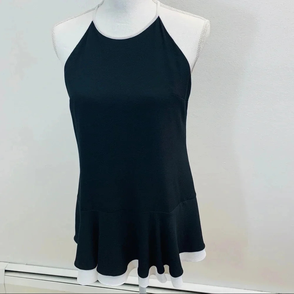 Vince Camuto Womans Halter Top XS Black White Peplum Flowy Keyhole Classic M24